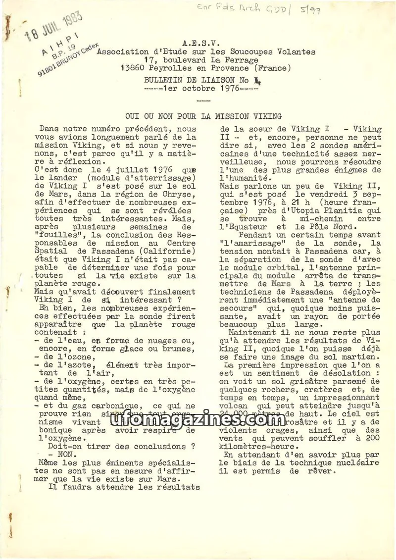 Cover of A.E.S.V. Association d'Etude sur les Soucoupes Volantes issue No L: BULLETIN DE LIAISON
