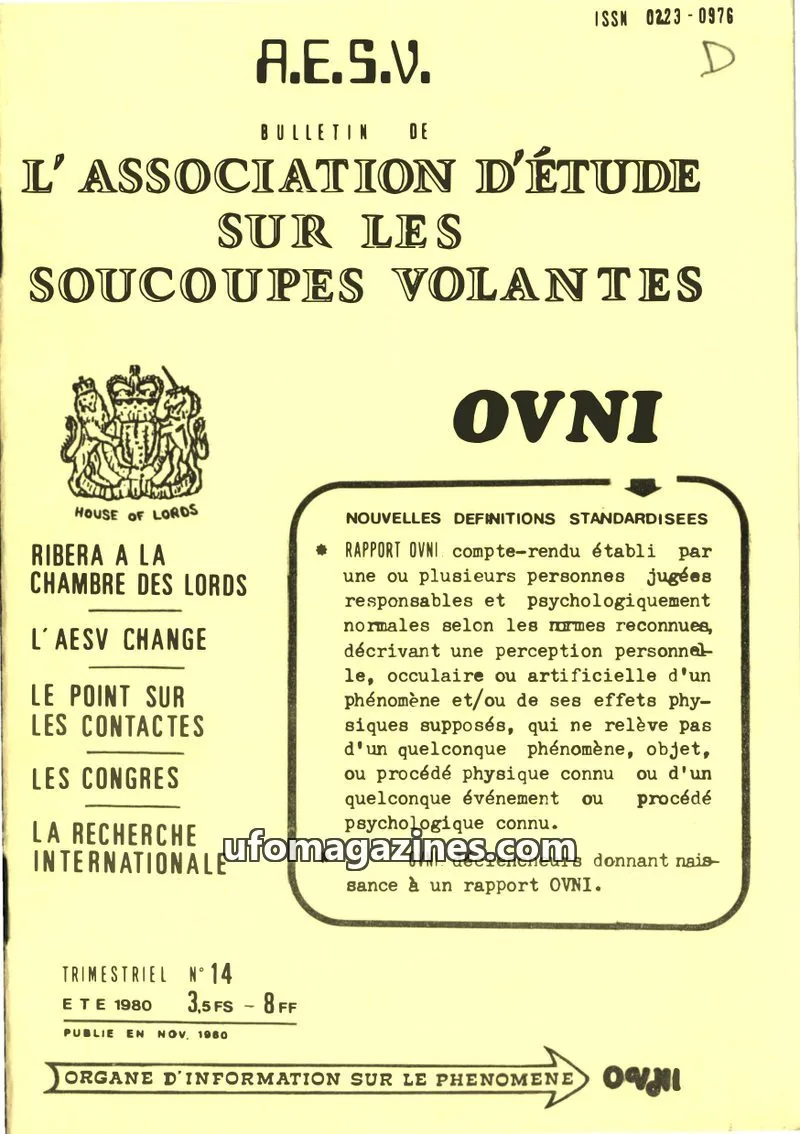 Cover of AESV issue N° 14: L'ASSOCIATION D'ÉTUDE SUR LES SOUCOUPES VOLANTES