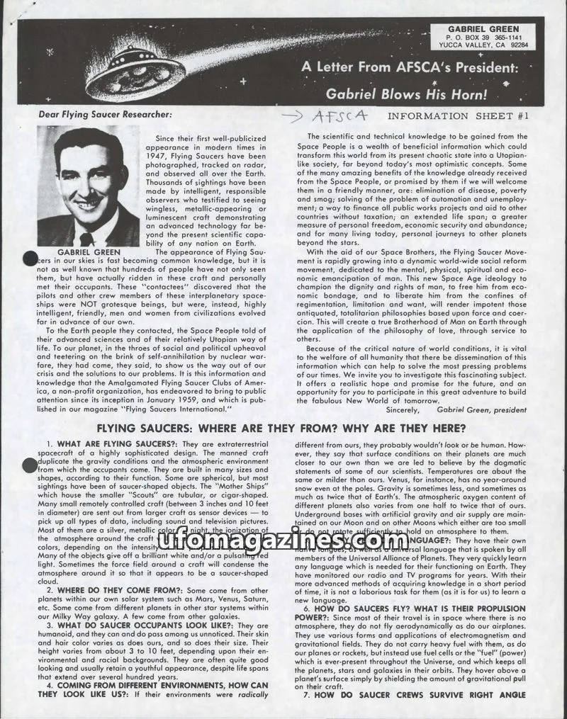 Cover of AFSCA World Report (Gabriel Green) issue Information Sheet #1: Flying Saucers International