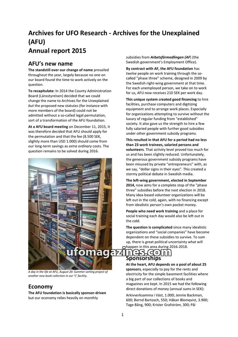 Cover of AFU Annual Reports (AFU) issue Annual report 2015: Archives for UFO Research - Archives for the Unexplained (AFU)