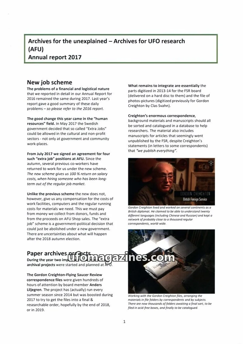 Cover of AFU issue Annual report 2017: Archives for the unexplained – Archives for UFO research (AFU)