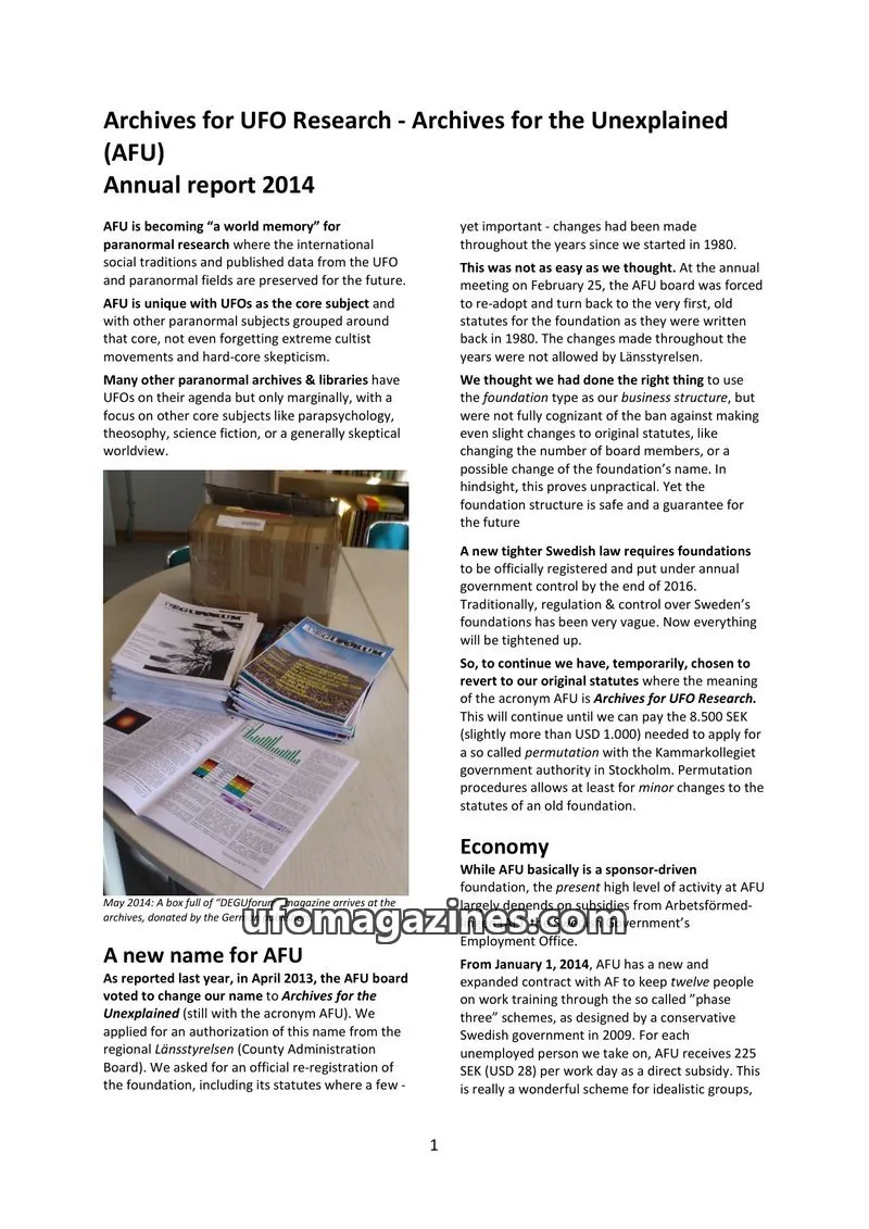 Cover of AFU Annual Reports (AFU) issue Annual report 2014: Archives for UFO Research - Archives for the Unexplained (AFU)
