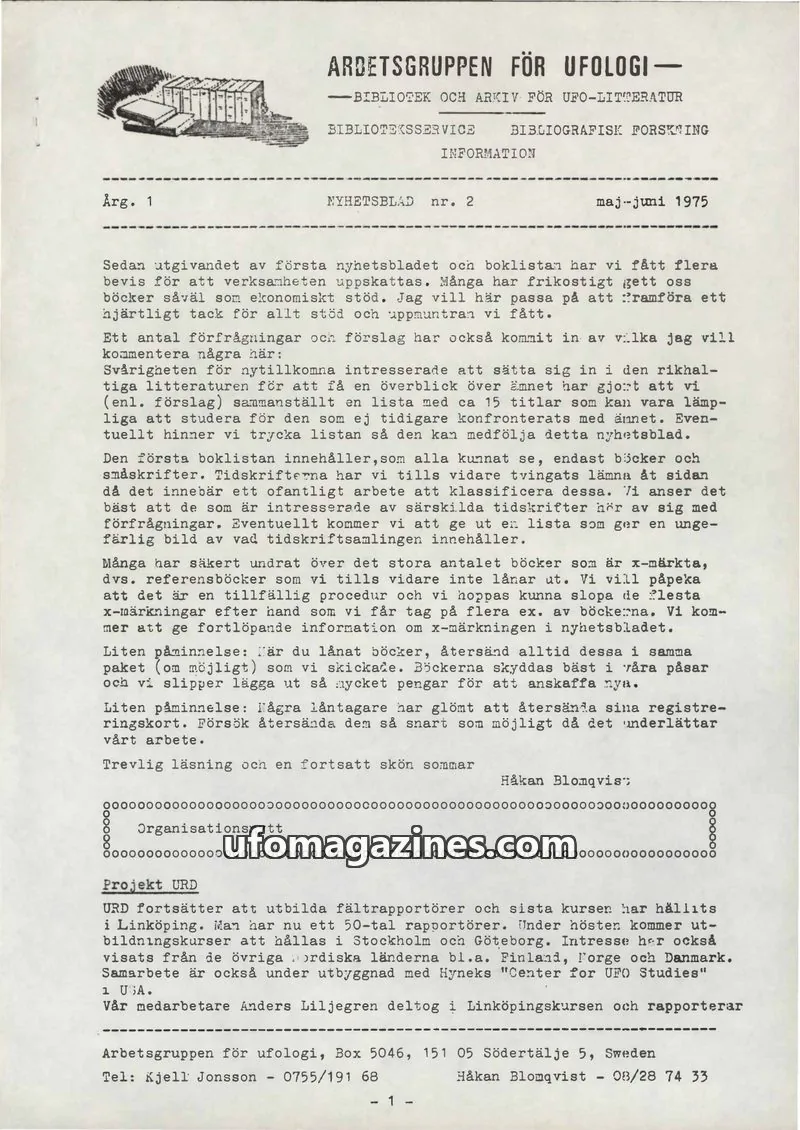 Cover of AFU Newsletter (AFU) issue nr. 2: ARBETSRUPPEN FÖR UFOLOGI