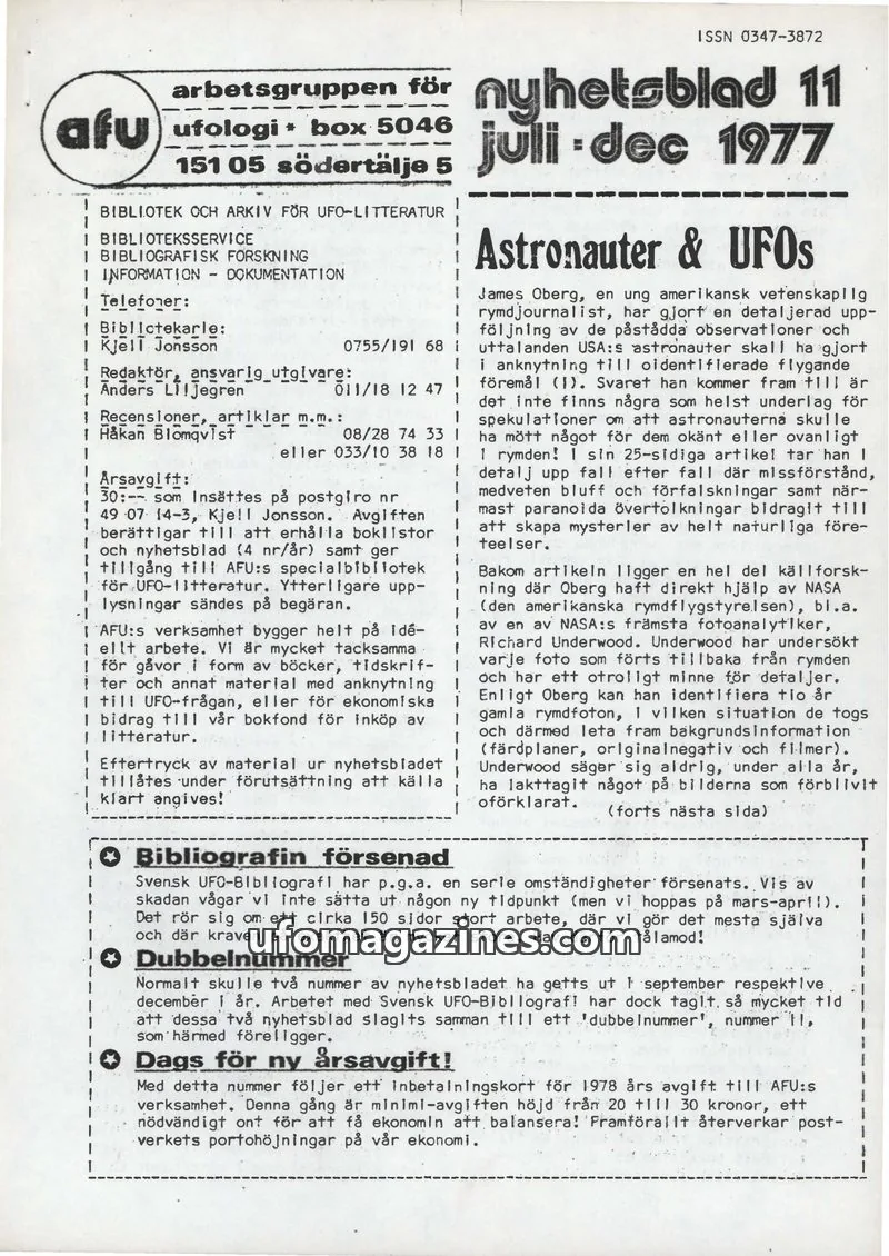 Cover of AFU Newsletter (AFU) issue 11: nyhetsblad