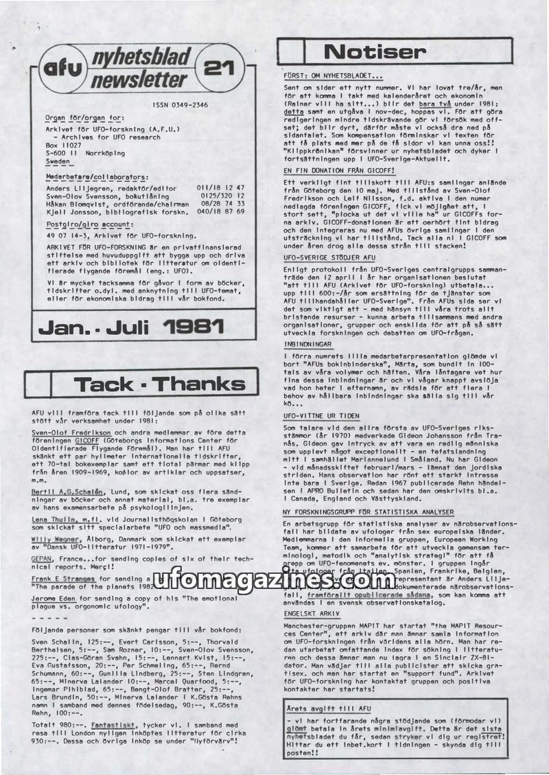 Cover of AFU Newsletter (AFU) issue 21: afu nyhetsblad newsletter
