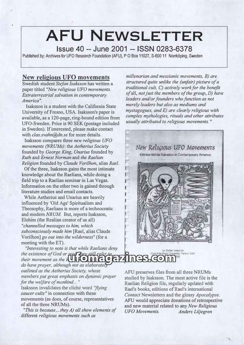 Cover of Archives for UFO Research Foundation (AFU) issue 40: AFU NEWSLETTER