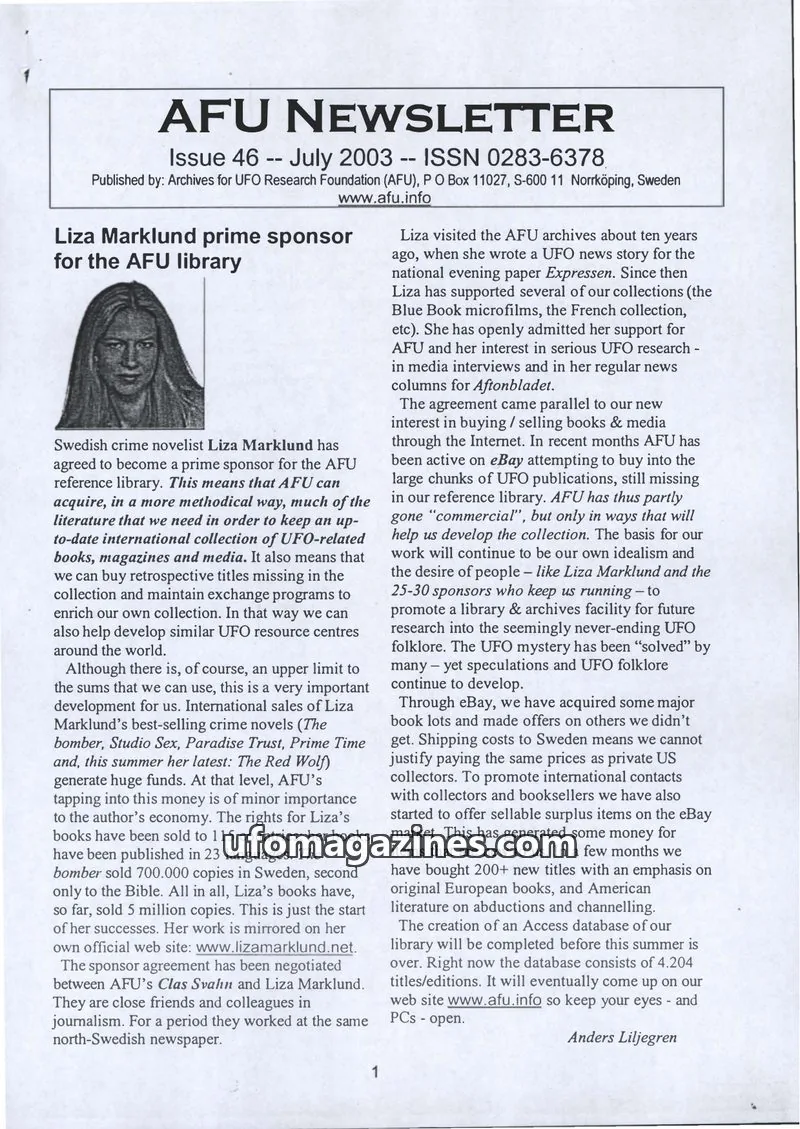 Cover of Archives for UFO Research Foundation (AFU) issue 46: AFU NEWSLETTER