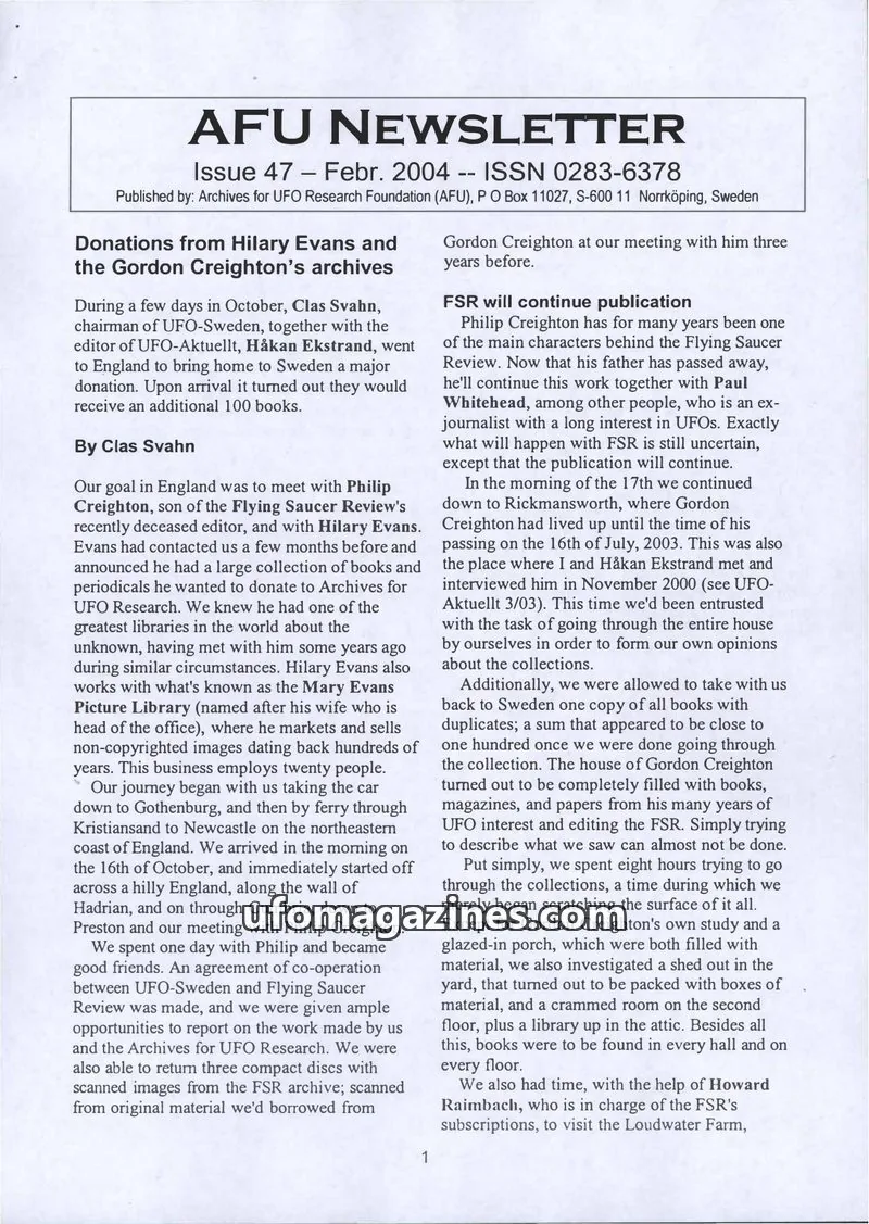 Cover of Archives for UFO Research Foundation (AFU) issue 47: AFU NEWSLETTER