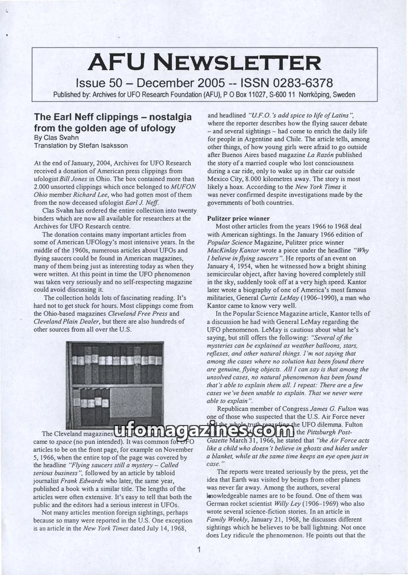 Cover of Archives for UFO Research Foundation (AFU) issue 50: AFU NEWSLETTER
