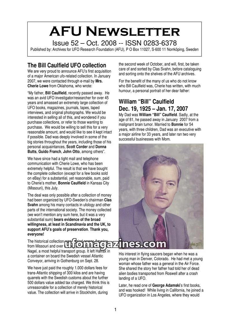 Cover of Archives for UFO Research Foundation (AFU) issue 52: AFU NEWSLETTER