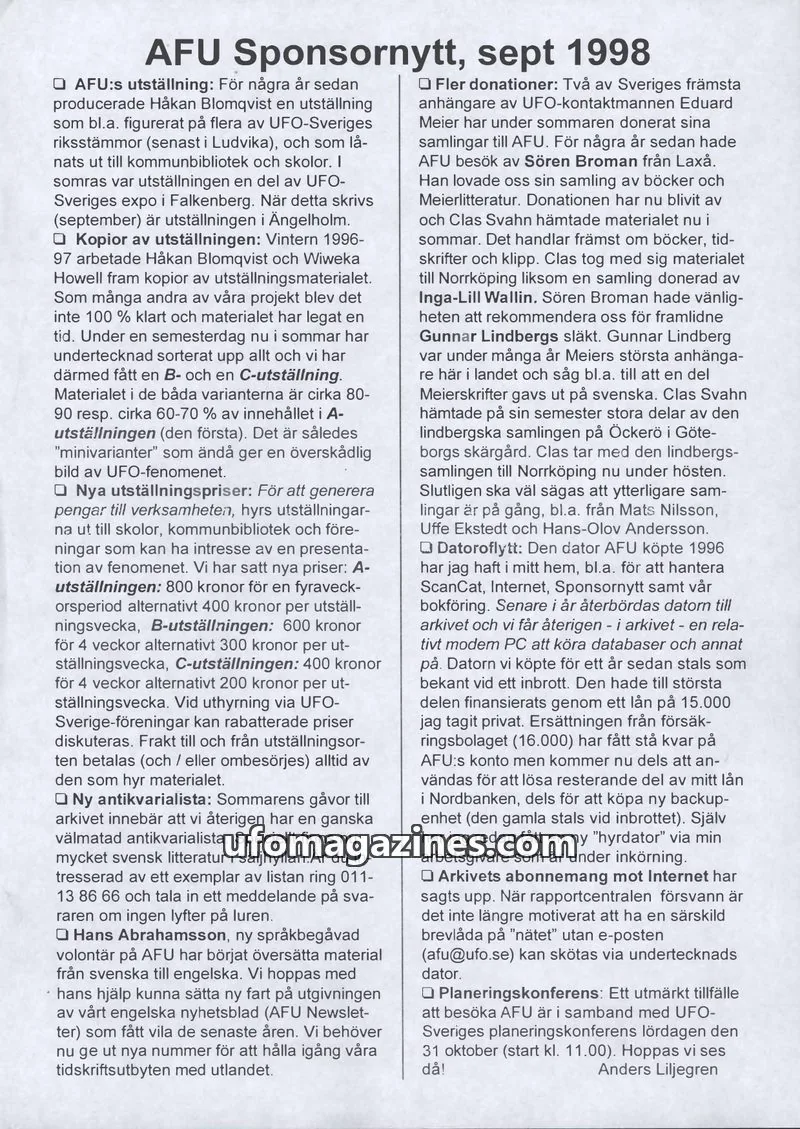 Cover of AFU Sponsornytt (AFU) issue sept 1998: AFU Sponsornytt