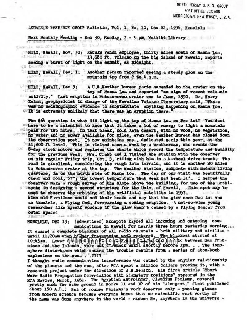 Cover of NORTH JERSEY U. F. O. GROUP issue Vol. 1, No. 10: AKUALELE RESEARCH GROUP Bulletin