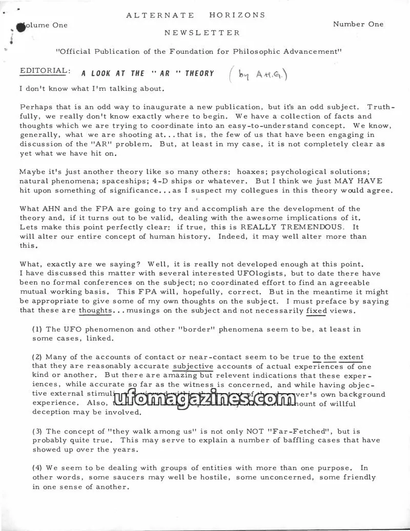 Cover of Foundation for Philosophic Advancement issue Number One: ALTERNATE HORIZONS NEWSLETTER