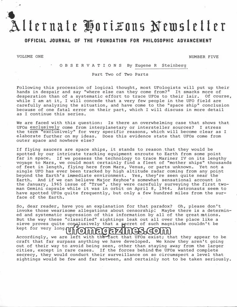 Cover of Foundation for Philosophic Advancement issue Number Five: Alternate Horizons Newsletter