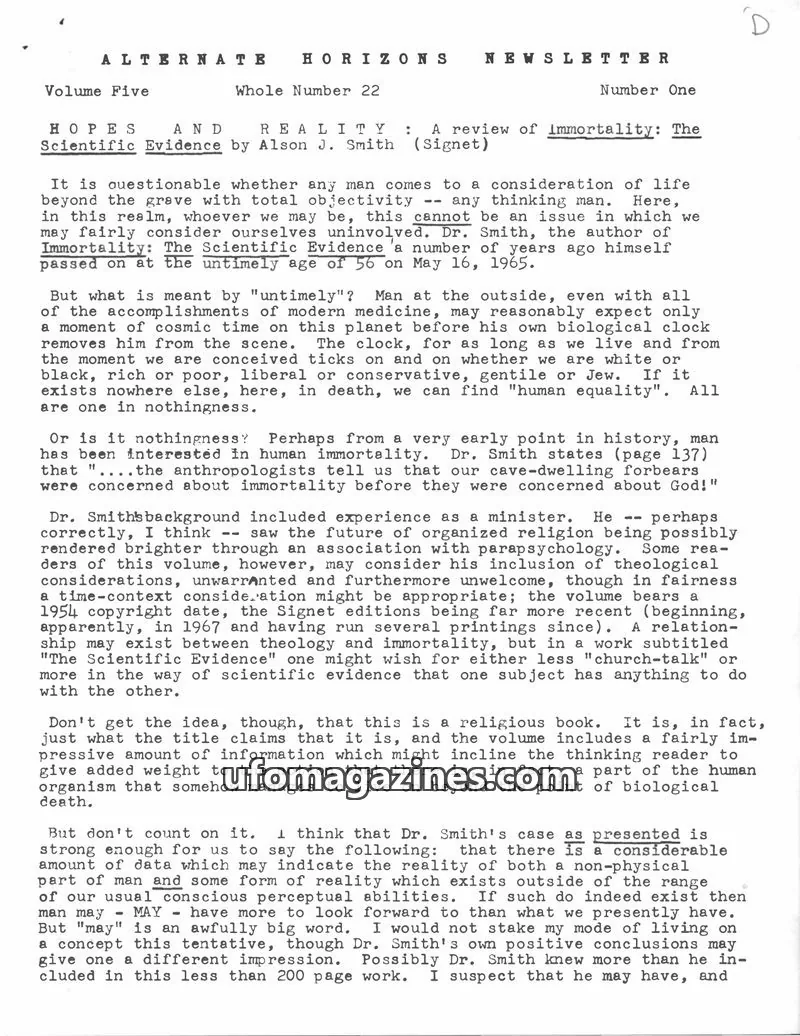 Cover of Alternate Horizons Newsletter (Allen Greenfield) issue One: ALTERNATE HORIZONS NEWSLETTER