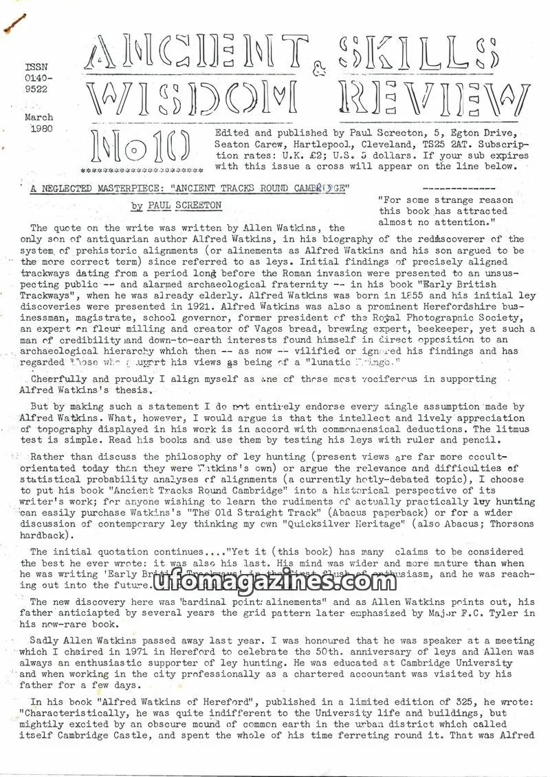 Cover of Ancient Skills and Wisdom Review (Paul Screeton) issue 10: ANCIENT SKILLS WISDOM REVIEW