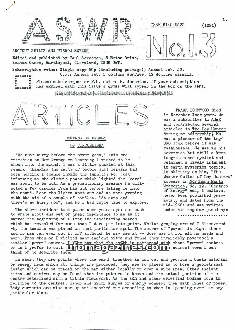 Cover of Ancient Skills and Wisdom Review (Paul Screeton) issue 13: ASWR