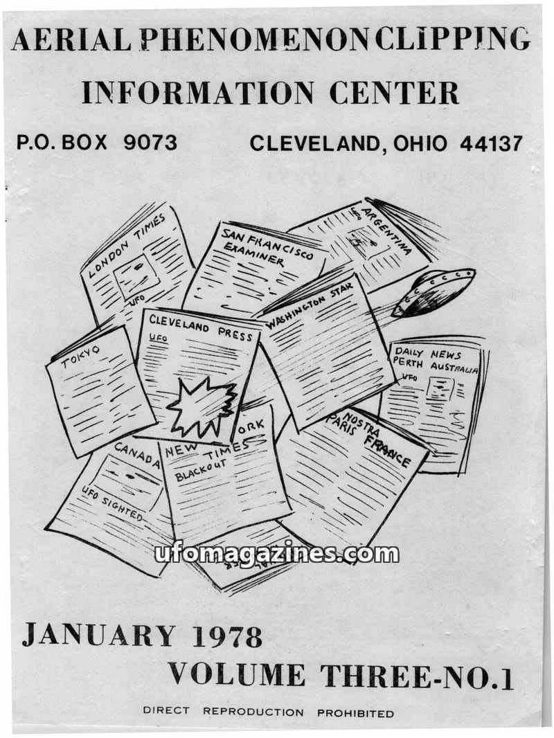 Cover of APCIC clipping service issue VOLUME THREE-NO.1: AERIAL PHENOMENON CLIPPING INFORMATION CENTER