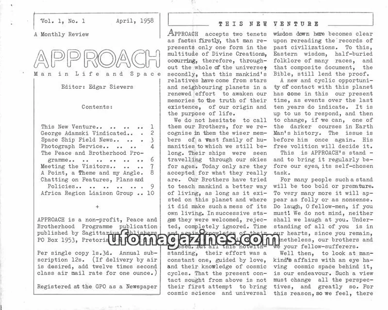 Cover of Approach (Edgar Sievers) issue Vol. 1, No. 1: APPROACH
