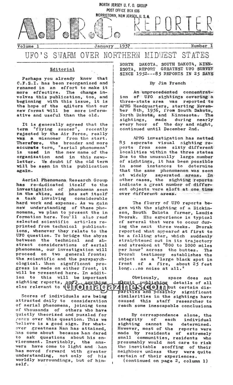 Cover of North Jersey U. F. O. Group issue 1: A.P.R.G. REPORTER