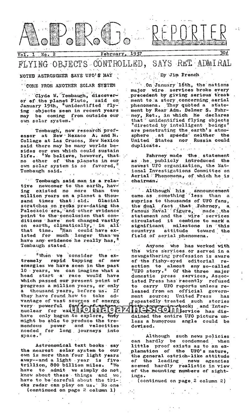 Cover of Aerial Phenomena Research Group issue Vol. 1 No. 2: A.P.R.G. REPORTER
