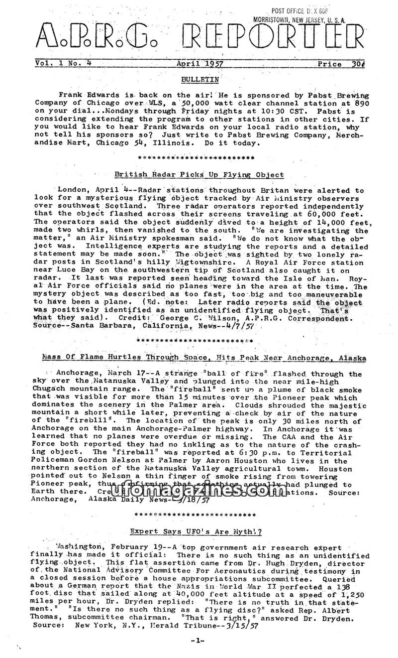 Cover of Aerial Phenomena Research Group issue Vol. 1 No. 4: A.P.R.G. REPORTER