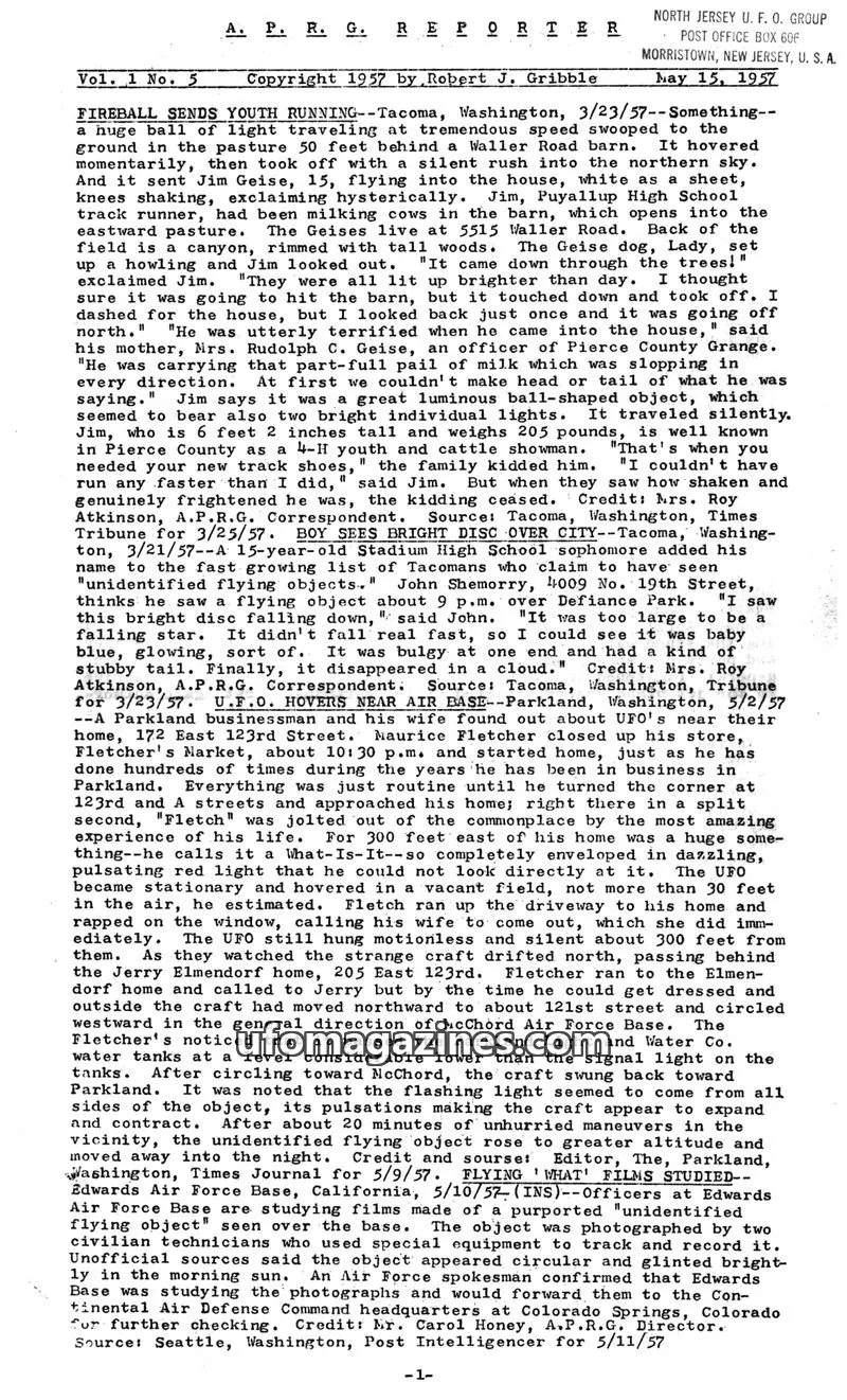 Cover of NORTH JERSEY U. F. O. GROUP issue Vol. 1 No. 5: A. P. R. G. REPORTER