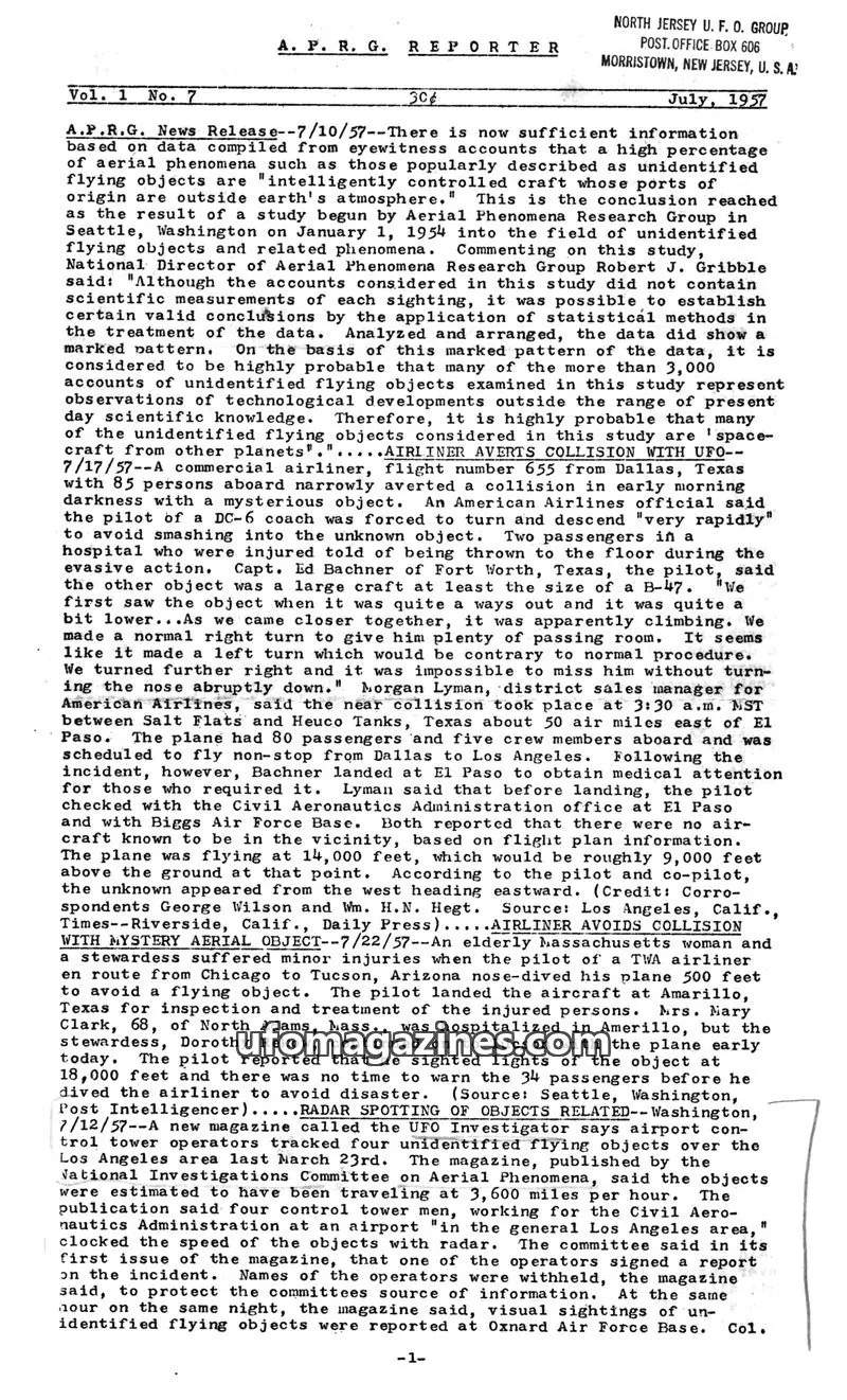 Cover of NORTH JERSEY U. F. O. GROUP issue Vol. 1 No. 7: A. P. R. G. REPORTER