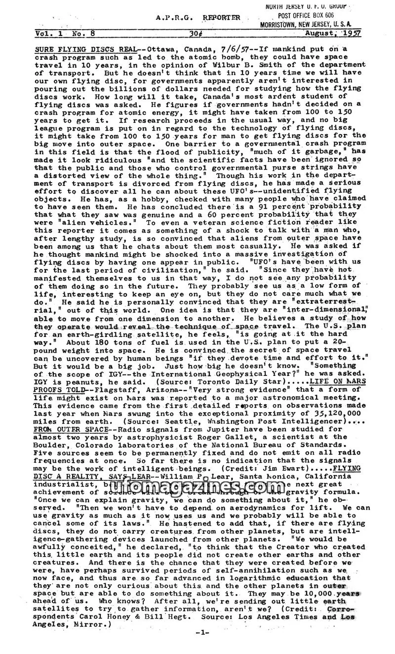 Cover of NORTH JERSEY U. F. O. GROUP issue Vol. 1 No. 8: A.P.R.G. REPORTER