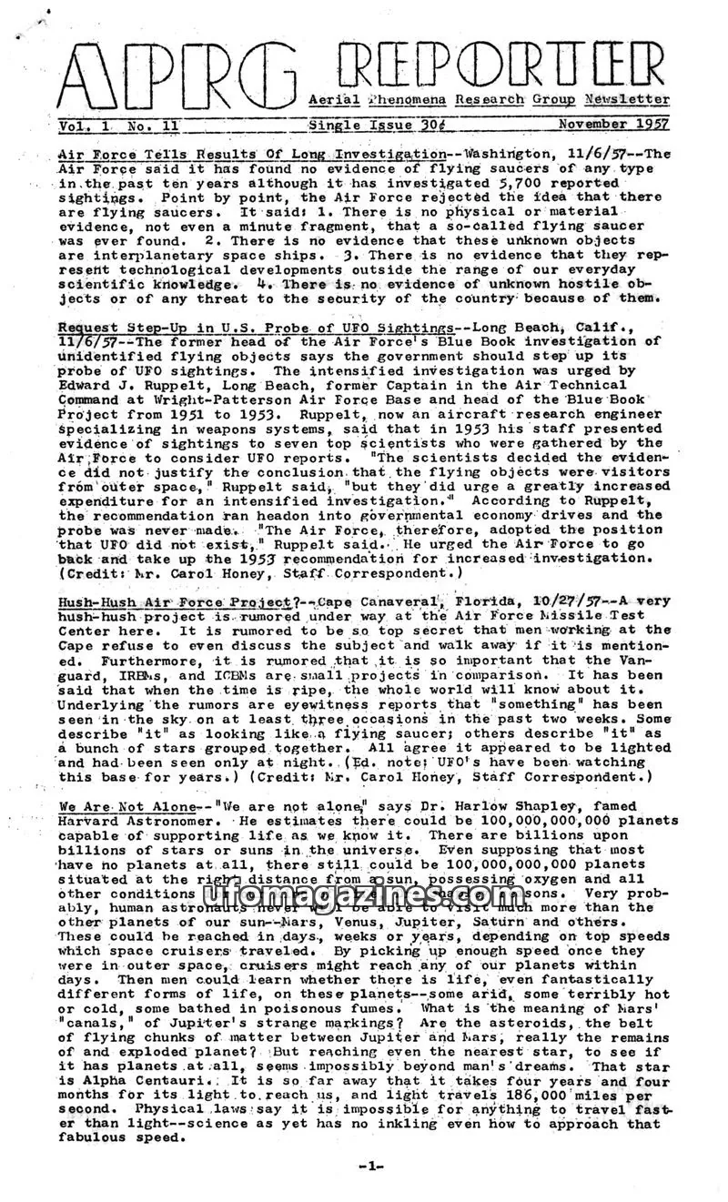 Cover of Aerial Phenomena Research Group issue Vol. 1 No. 11: APRG REPORTER