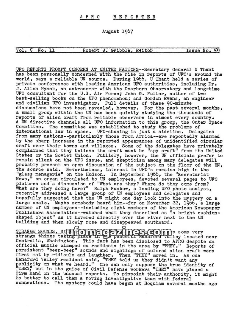 Cover of Aerial Phenomena Research Group issue No. 59: APRG REPORTER