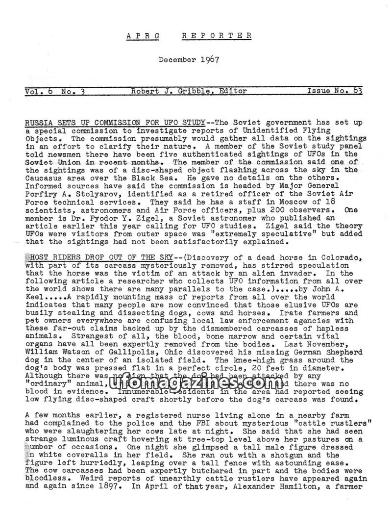 Cover of Aerial Phenomena Research Group issue 63: APRG REPORTER