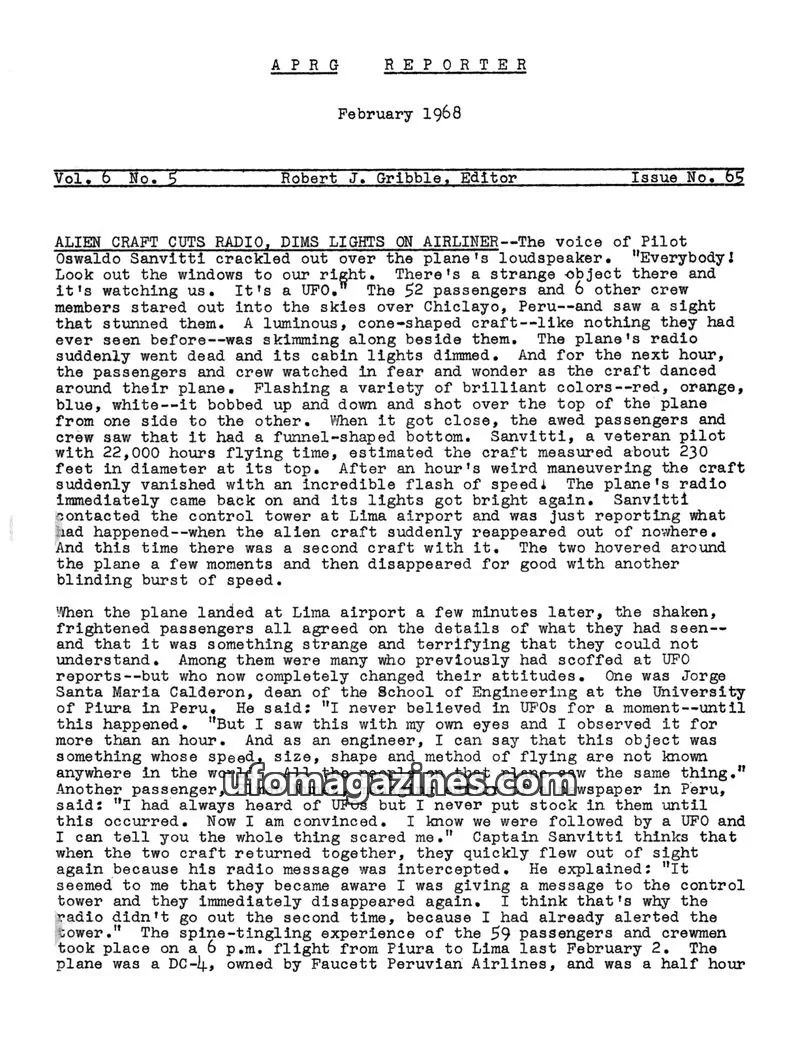 Cover of Aerial Phenomena Research Group issue No. 65: APRG REPORTER