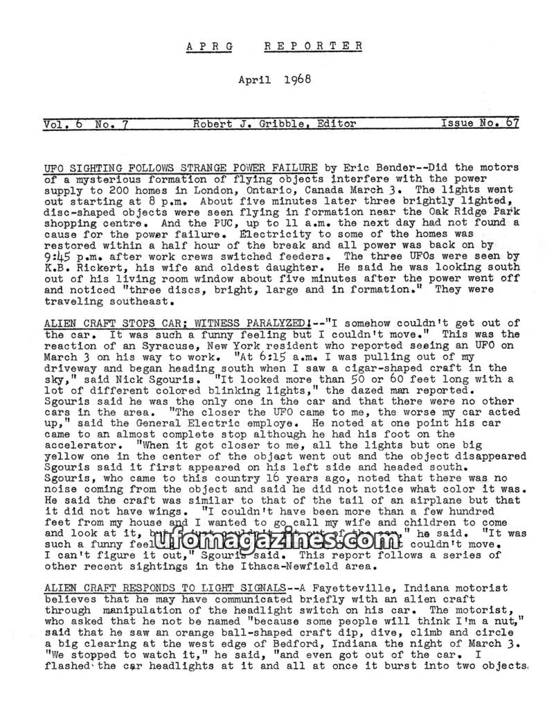Cover of Aerial Phenomena Research Group issue No. 67: APRG REPORTER