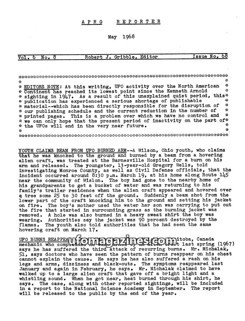 Cover of Aerial Phenomena Research Group issue 68: APRG REPORTER