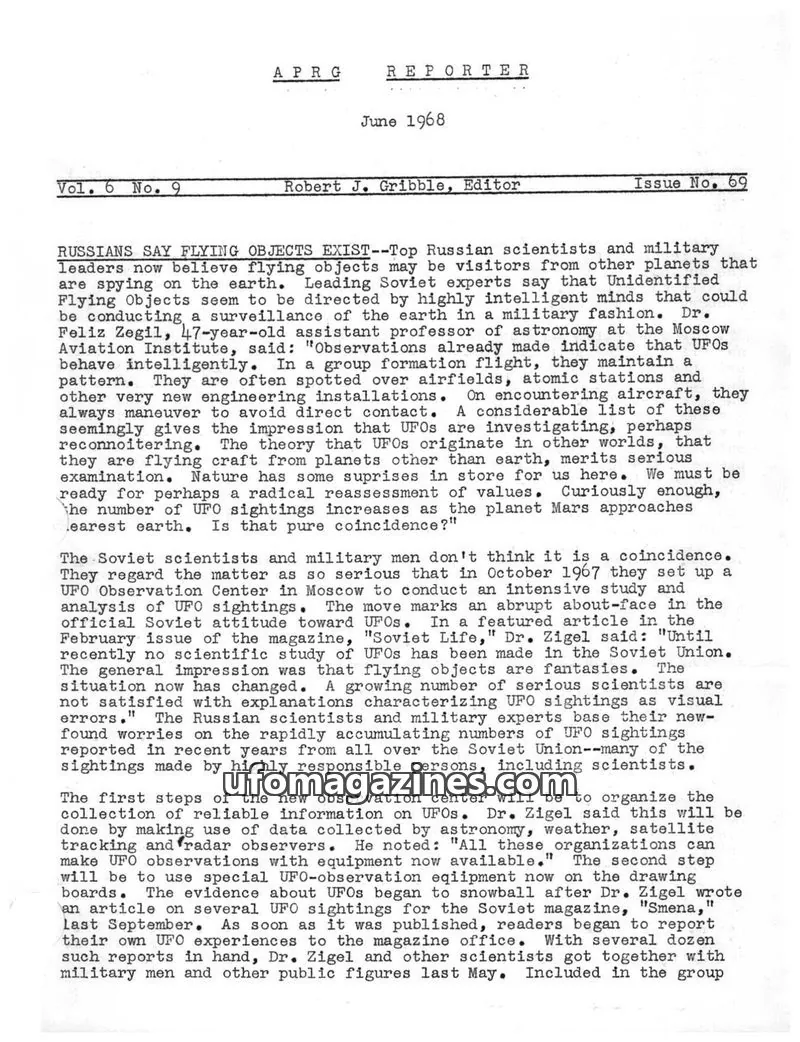 Cover of Aerial Phenomena Research Group issue No. 69: APRG REPORTER
