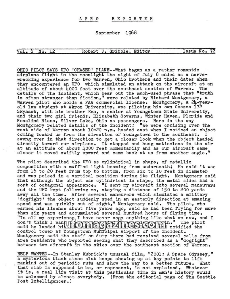 Cover of Aerial Phenomena Research Group issue No. 72: APRG REPORTER