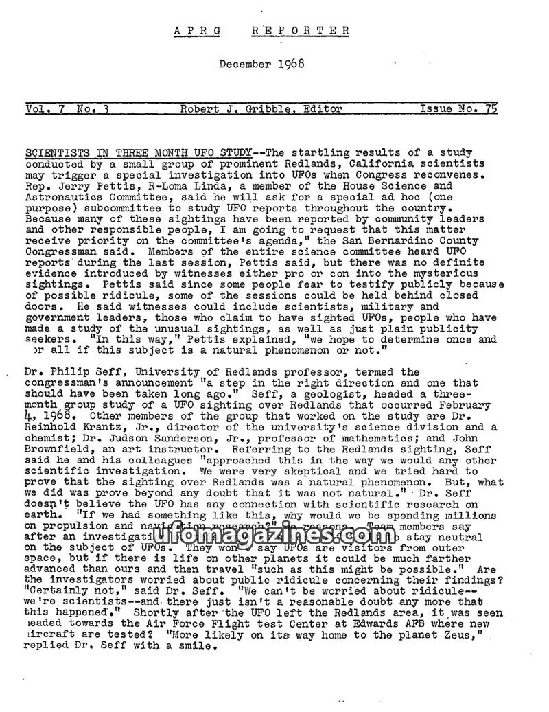 Cover of Aerial Phenomena Research Group (APRG) issue 75: APRG REPORTER