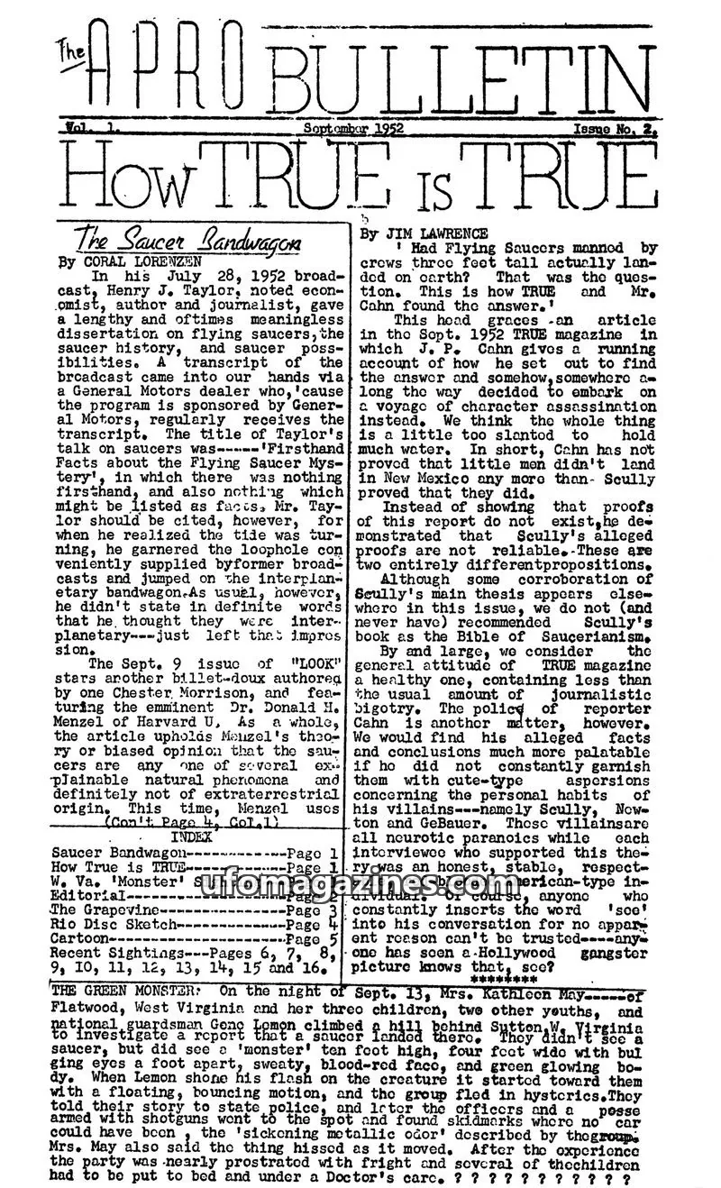 Cover of APRO issue September 15, 1952: APRO Bulletin