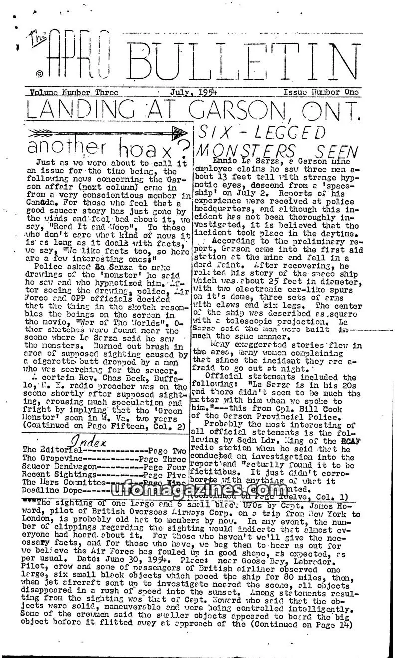 Cover of Aerial Phenomena Research Organization (APRO) issue July, 1954: APRO Bulletin
