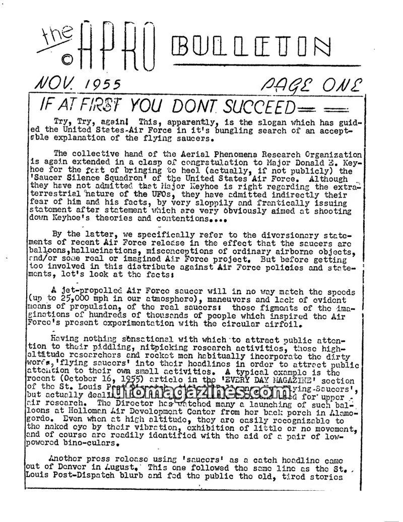 Cover of APRO issue November 1955: APRO Bulletin