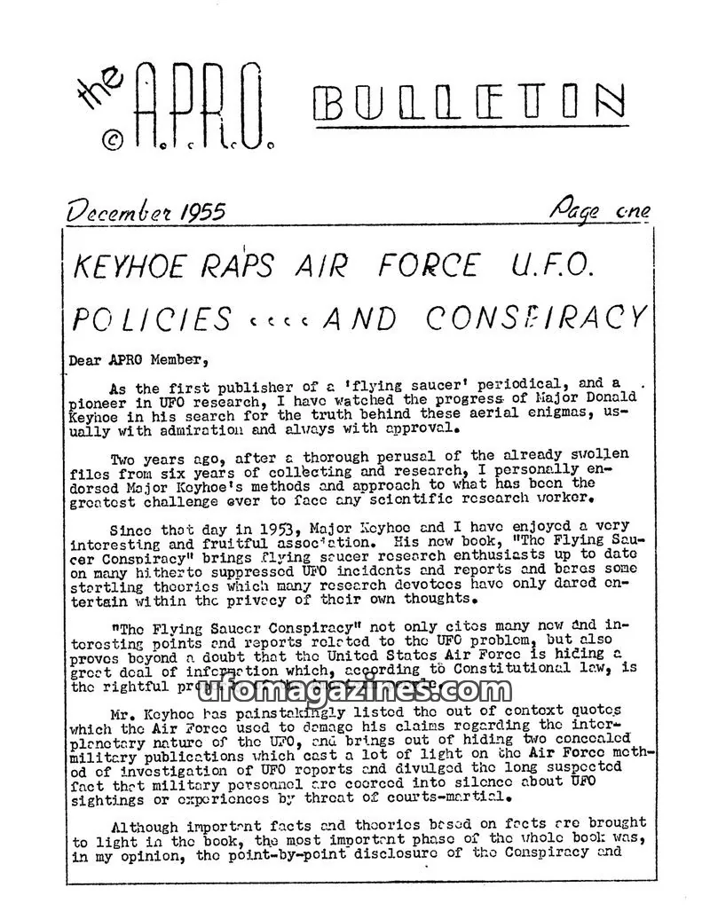Cover of Aerial Phenomena Research Organization (APRO) issue December 1955: APRO Bulletin