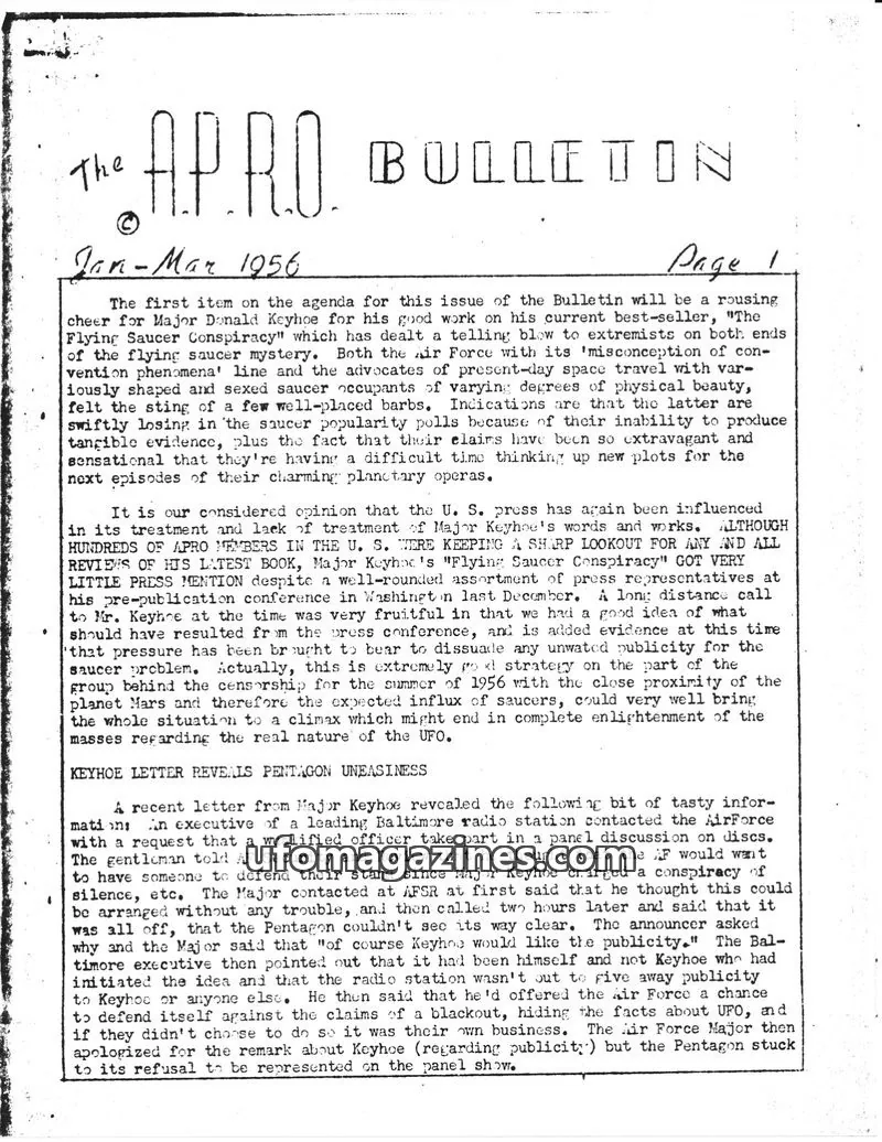 Cover of APRO issue Jan-Mar 1956: The A.P.R.O. BULLETIN