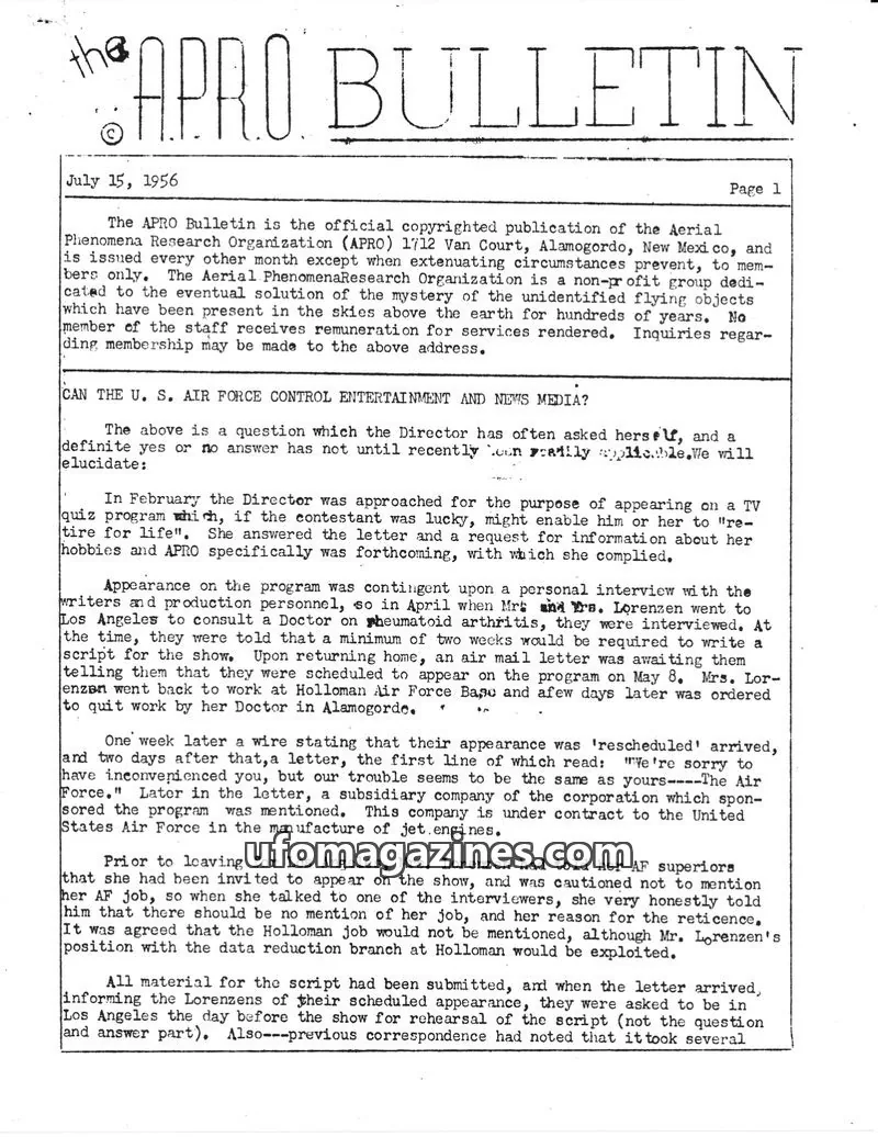 Cover of Aerial Phenomena Research Organization (APRO) issue Page 1: APRO BULLETIN