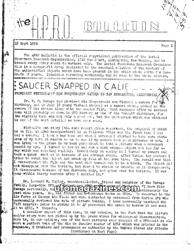 Cover of Aerial Phenomena Research Organization (APRO) issue September 15, 1956: APRO Bulletin