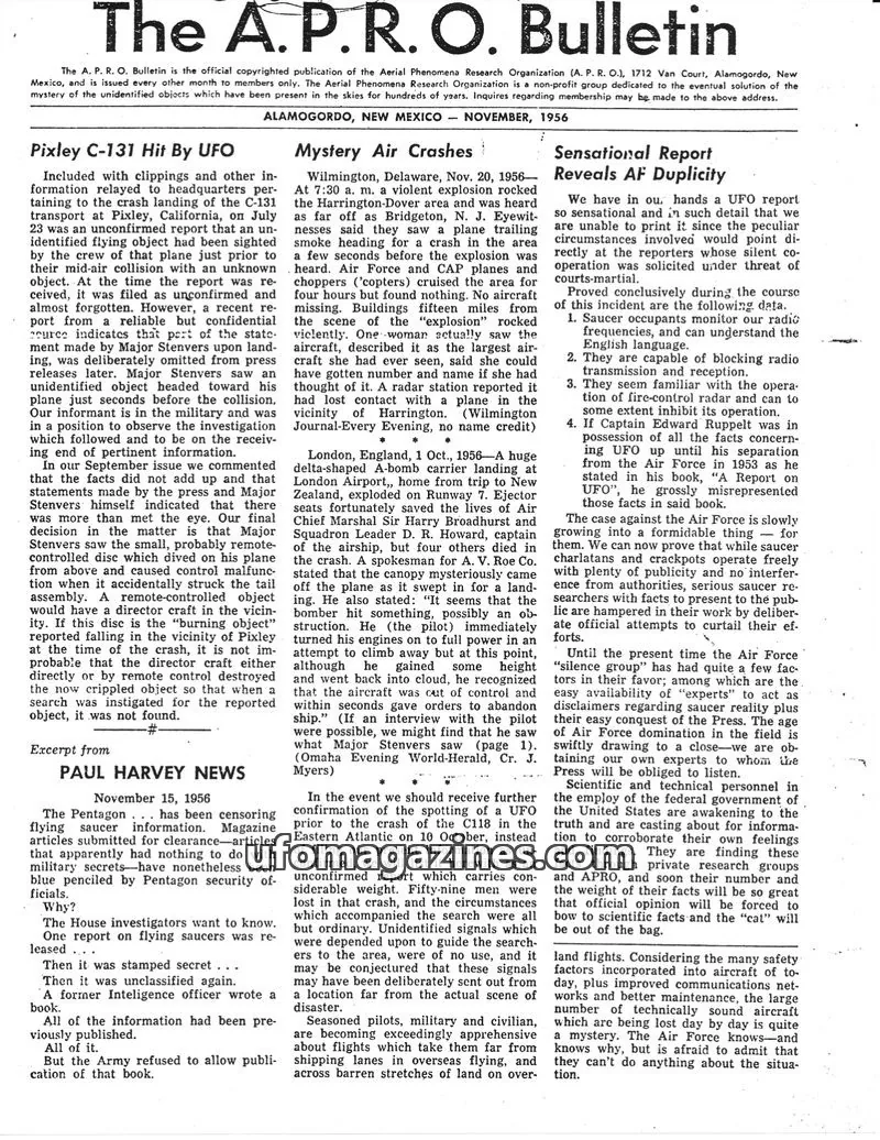 Cover of Aerial Phenomena Research Organization (A. P. R. O.) issue November, 1956: The A. P. R. O. Bulletin