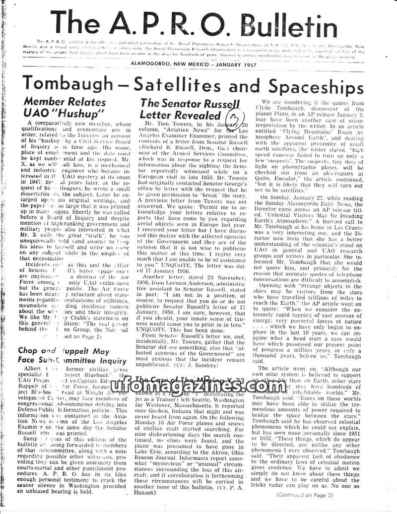Cover of Aerial Phenomena Research Organization (A.P.R.O.) issue January 1957: The A. P. R. O. Bulletin