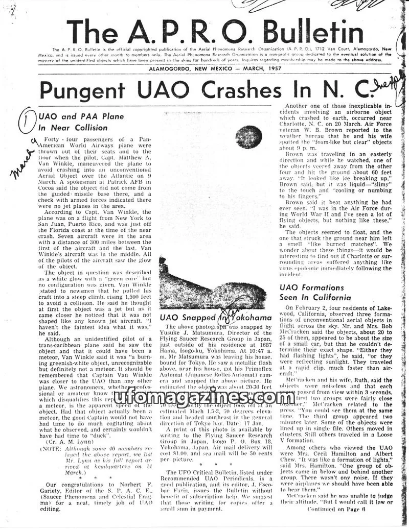 Cover of Aerial Phenomena Research Organization (A. P. R. O.) issue March, 1957: The A. P. R. O. Bulletin