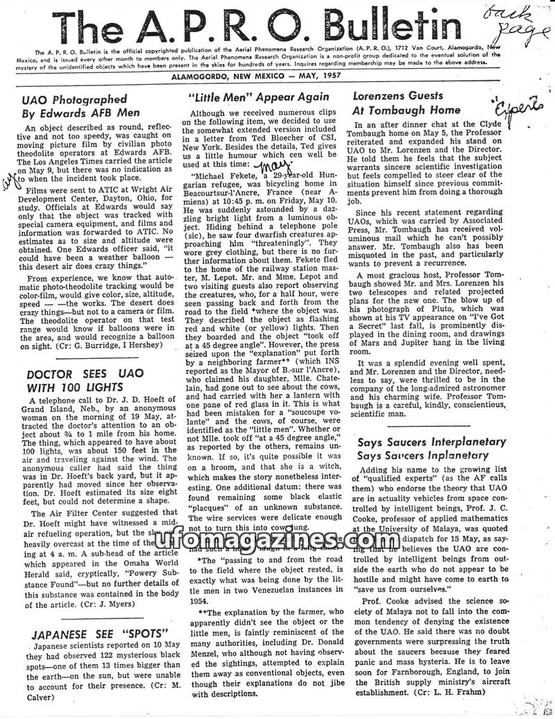 Cover of Aerial Phenomena Research Organization (A. P. R. O.) issue May, 1957: The A. P. R. O. Bulletin
