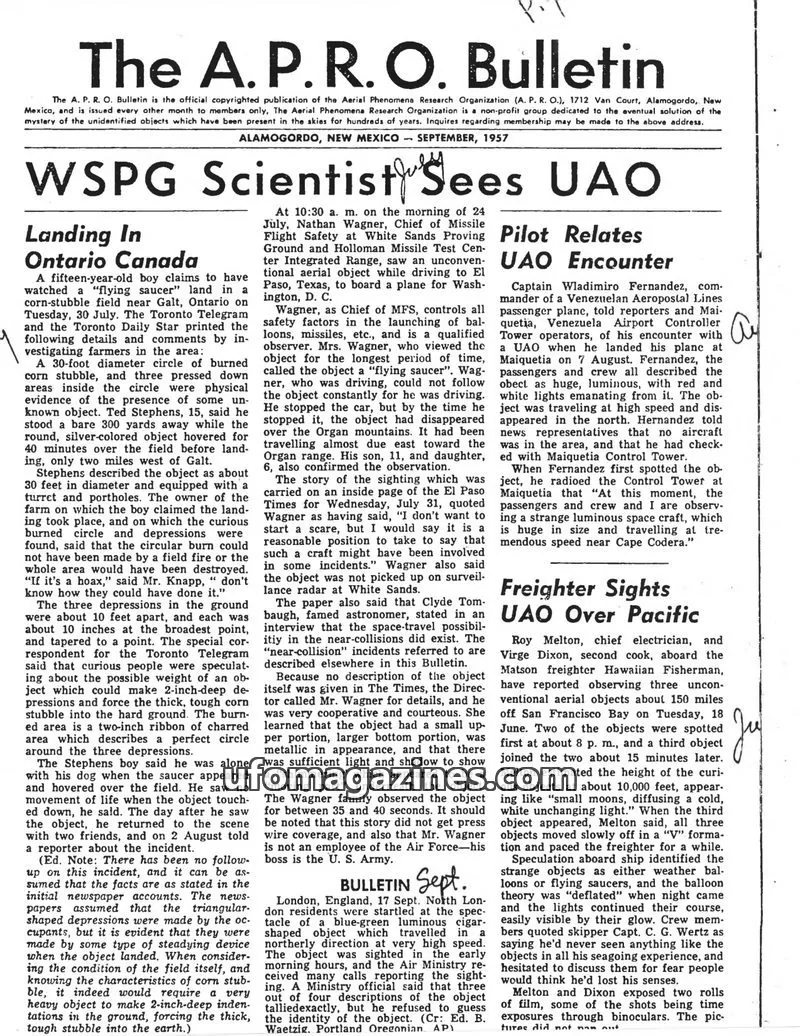 Cover of Aerial Phenomena Research Organization (A. P. R. O.) issue September, 1957: The A. P. R. O. Bulletin